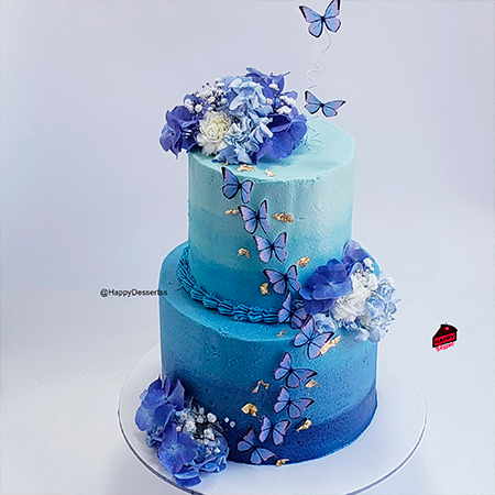 Pastel Azul Con Flores Naturales - HAPPY DESSERT