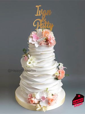 Pastel de Boda de 3 Pisos - Ondas,  Flores Naturales y Orquídea Comestibles